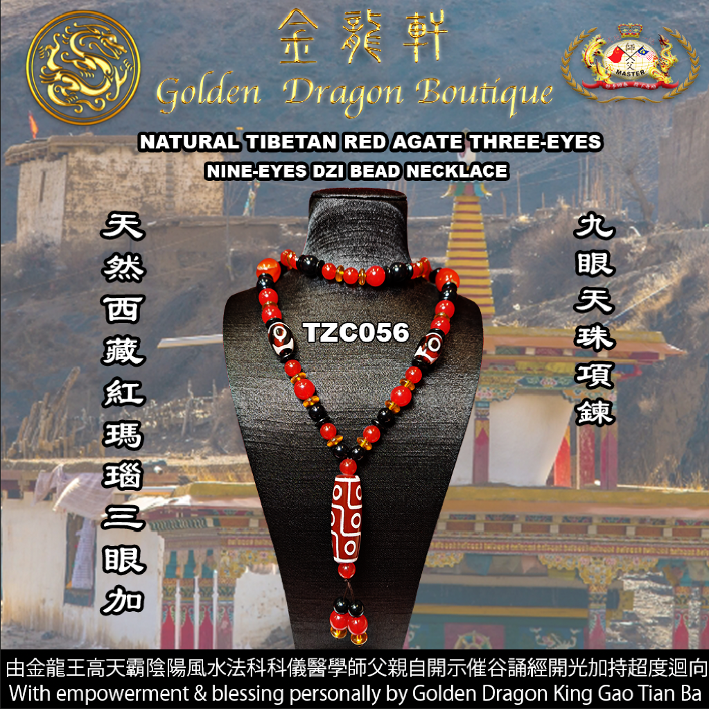 NATURAL TIBETAN RED AGATE THREE-EYES & NINE-EYES DZI BEAD NECKLACE/天然西藏紅瑪瑙三眼加九眼天珠項鍊