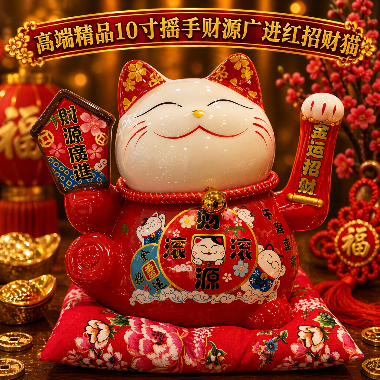 高端精品10寸搖手財源廣進紅招財貓