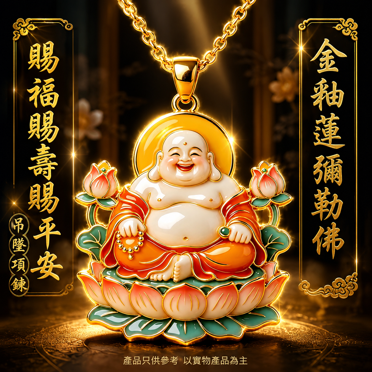金釉莲弥勒佛賜福賜壽賜平安吊坠項鏈 Golden Lotus Maitreya Buddha Blessing, Longevity & Peace Pendant Necklace