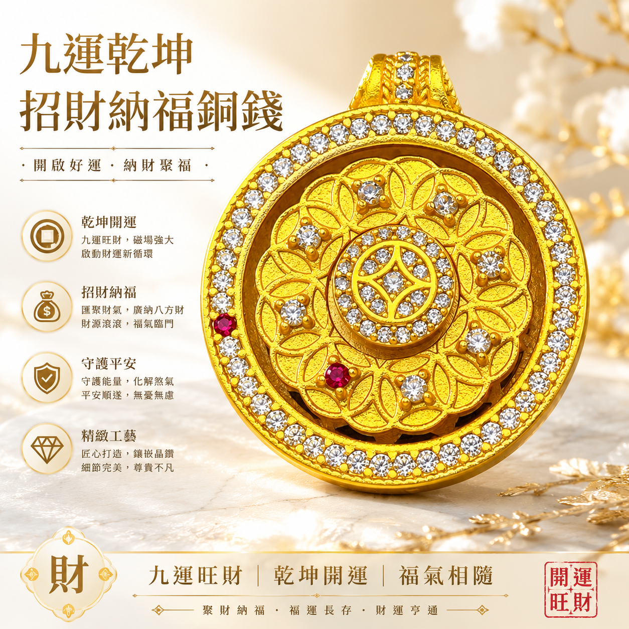 高端精品九運乾坤招財納褔銅錢羅盤項鍊 Premium Nine-Period Feng Shui Prosperity Coin Compass Pendant Necklace