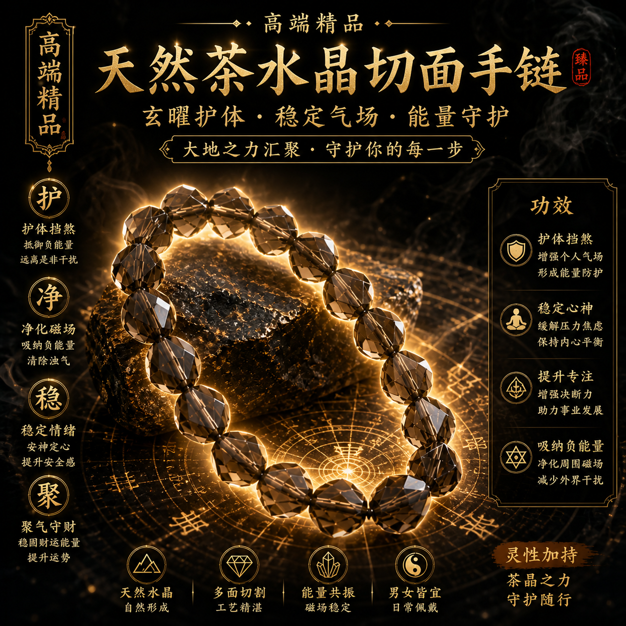 高端精品天然茶水晶切面手链 Premium Natural Faceted Smoky Quartz Bracelet