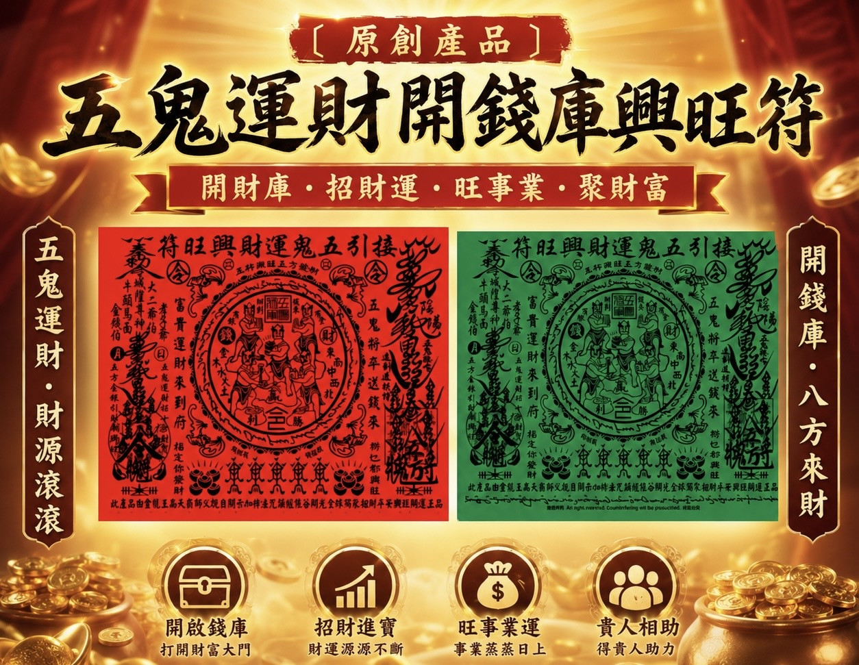 ［原創產品］五鬼運財開錢庫興旺符 | ［Pioneering Product ］ Luck boosting amulet with five fortune ghost’s treasure blessing