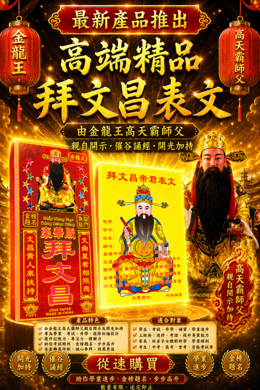 高端精品拜文昌帝君表文 Premium Petition Scroll to Wenchang Dijun