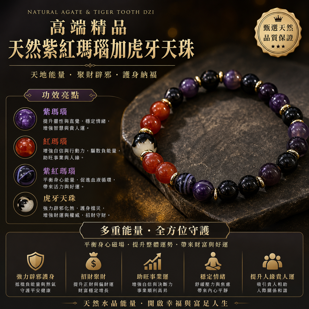 高端精品天然紫紅瑪瑙加虎牙天珠|Natural Purple Agate and Tiger Tooth Dzi Beads