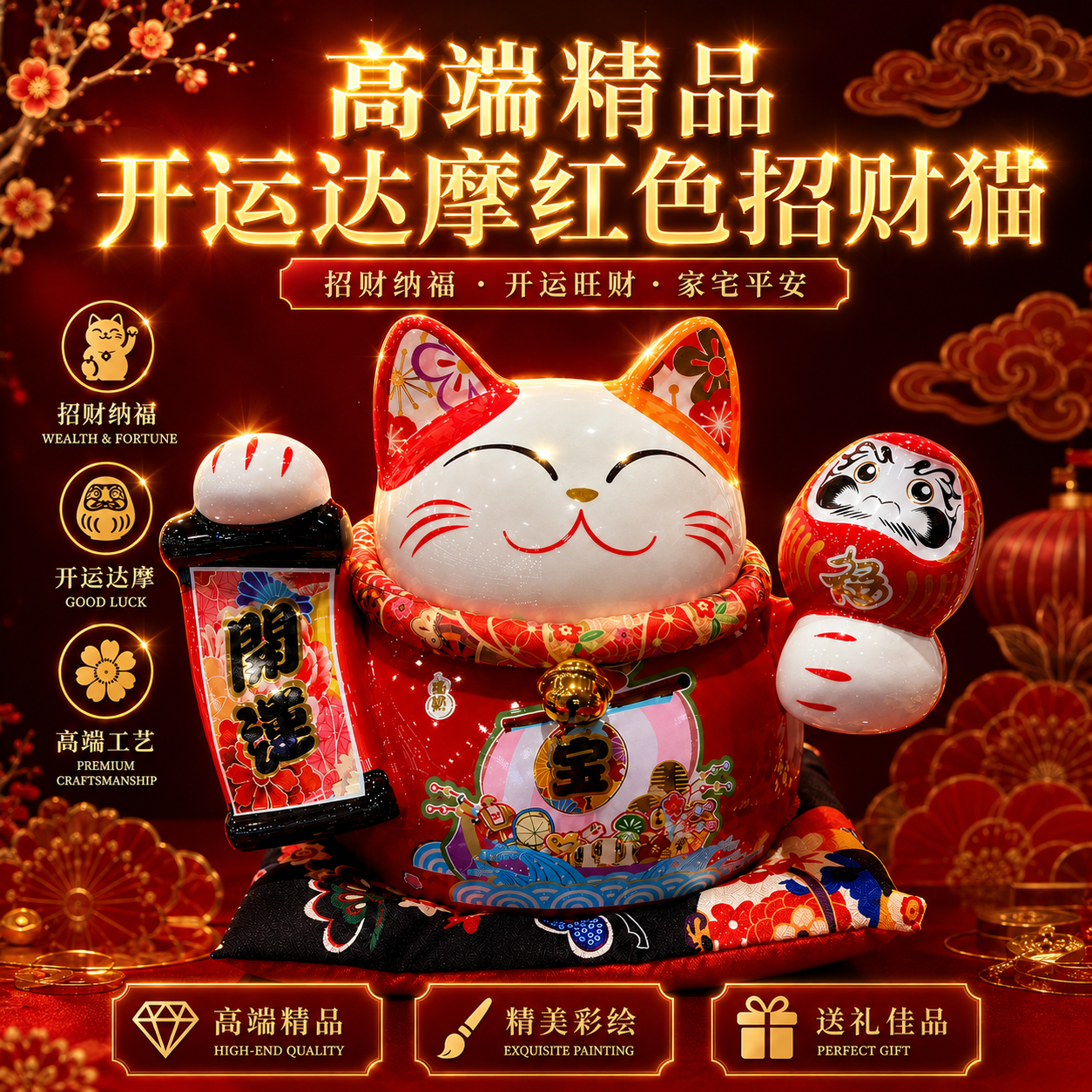 高端精品开运达摩红色招财猫 Premium Red Daruma Lucky Cat
