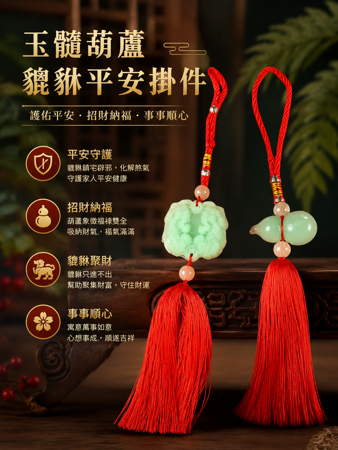 玉髓葫蘆貔貅平安掛件 Auspicious gourd & Pixiu chalcedony pendant