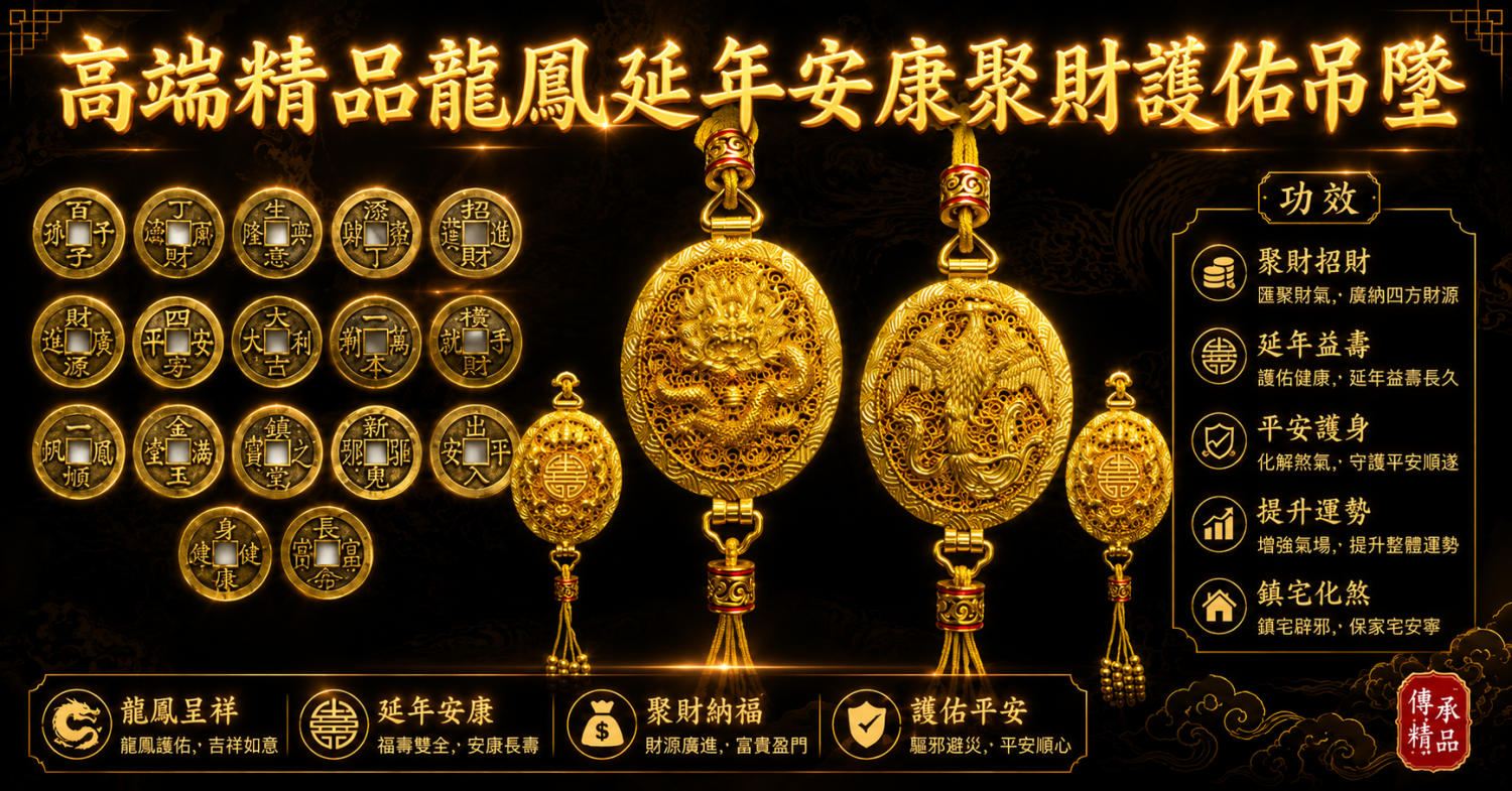 高端精品龍鳳延年安康聚財護佑吊墜 Premium Dragon & Phoenix Longevity Prosperity Guardian Pendant