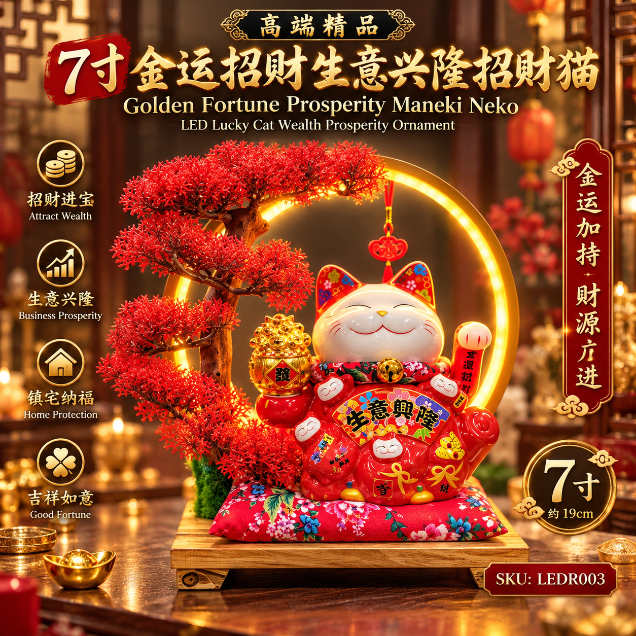 高端精品7寸金運招財生意興隆招財貓 Luxury Golden Fortune Porsperity Maneki Neko