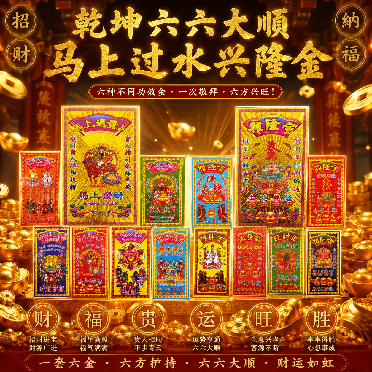 包含六种不同功效金 乾坤六六大顺马上过水兴隆金 Six Powers Golden Talisman — Universal Harmony, Smooth Fortune and Instant Prosperity