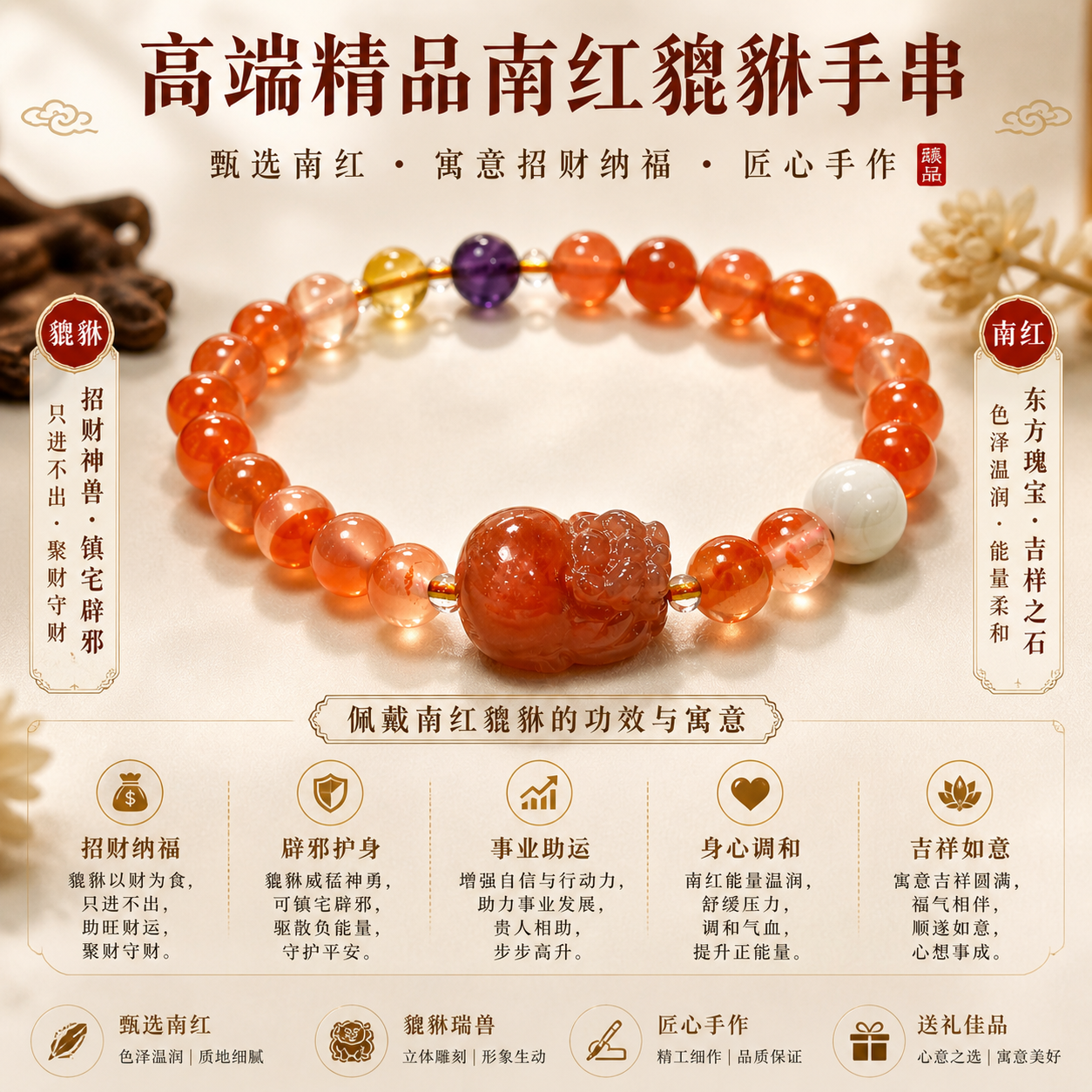 南紅手串貔貅.旺財辟邪轉運珠 "Pixiu Red Agate Prosperity Bracelet - Fortune, Protection & Success