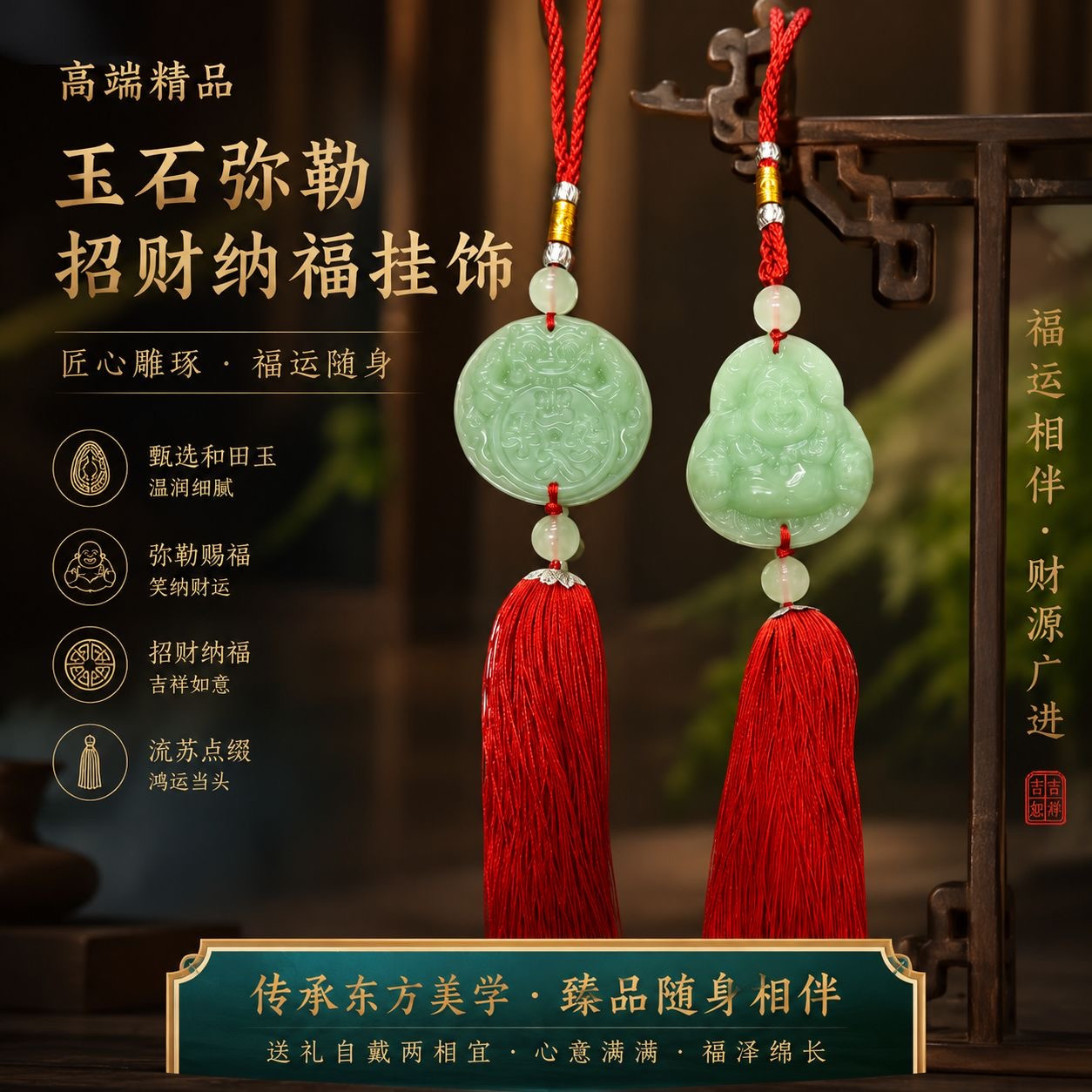 高端精品玉石弥勒招财纳福挂饰 Premium Jade Maitreya Wealth-Attracting & Blessing Charm