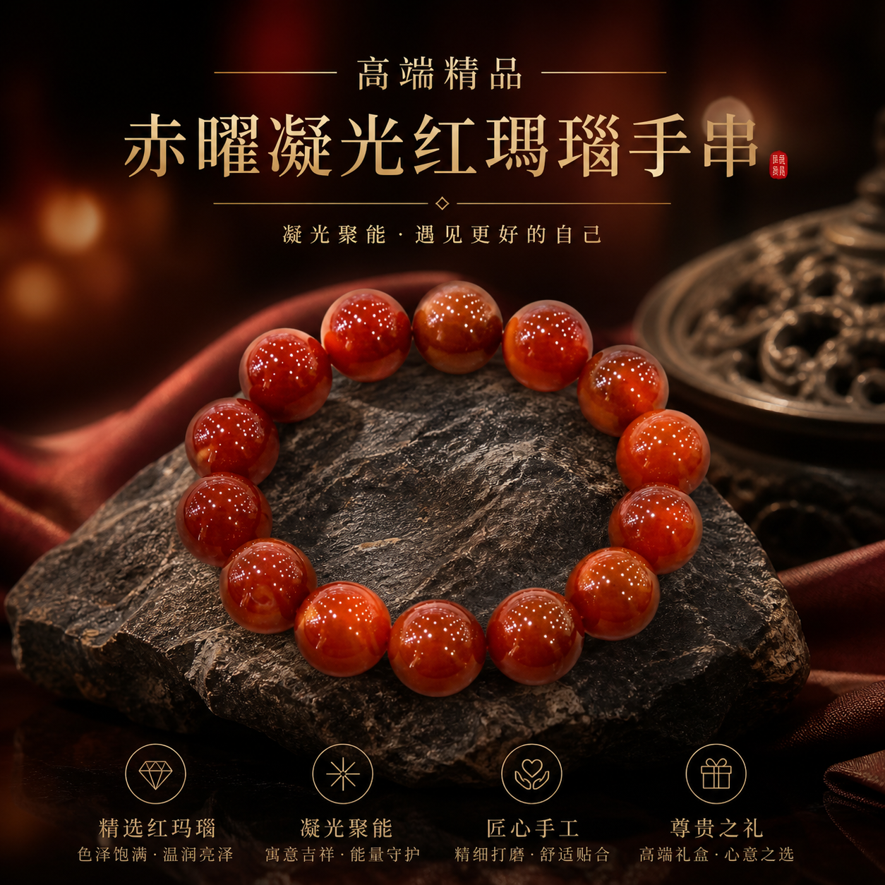 高端精品赤曜凝光红玛瑙手串 Imperial Crimson Radiance Red Agate Bracelet