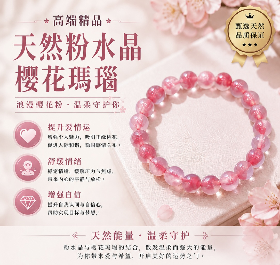 高端精品天然粉水晶樱花瑪瑙