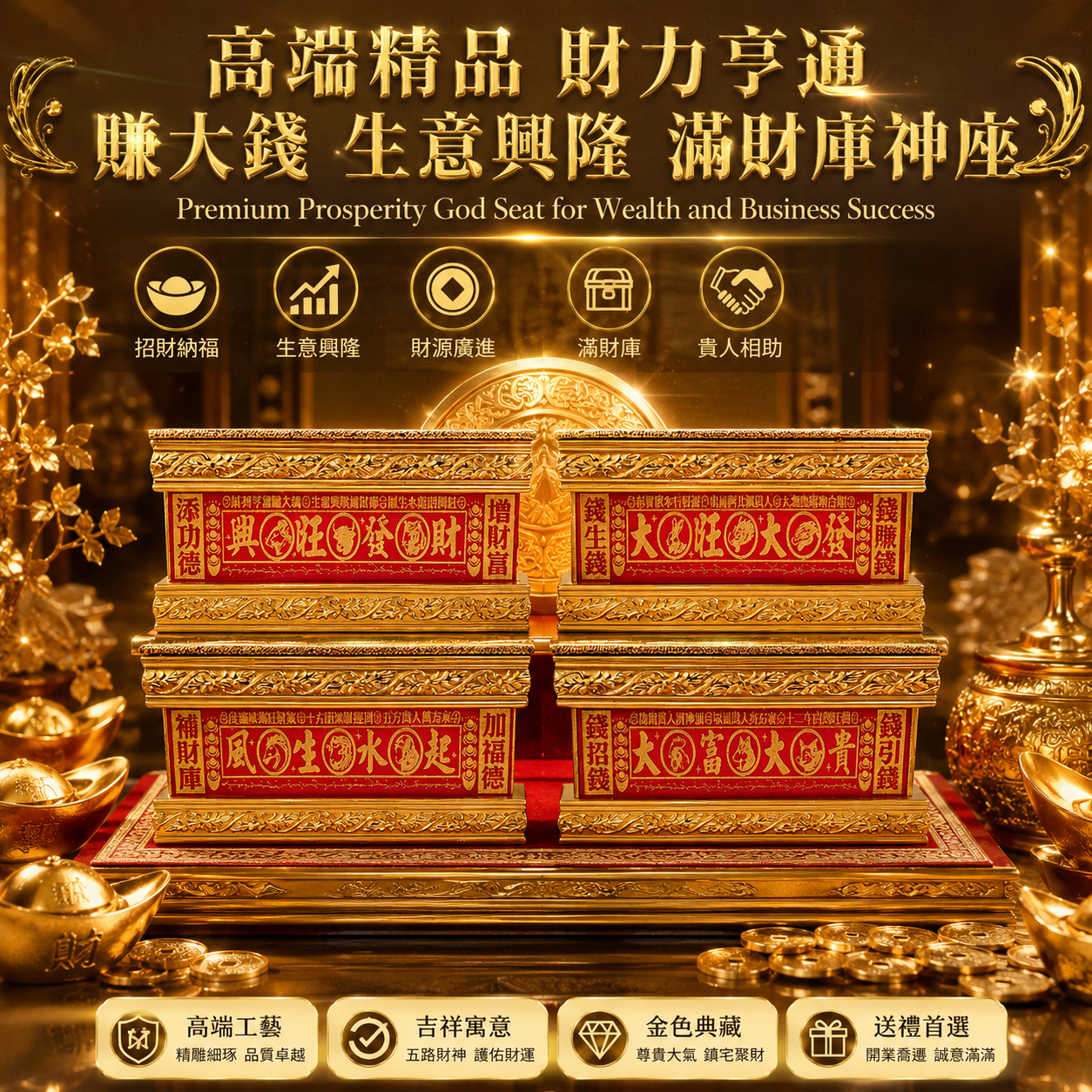 高端精品財力亨通賺大錢生意興隆滿財庫神座 Premium Prosperity God Seat for Wealth and Business Success