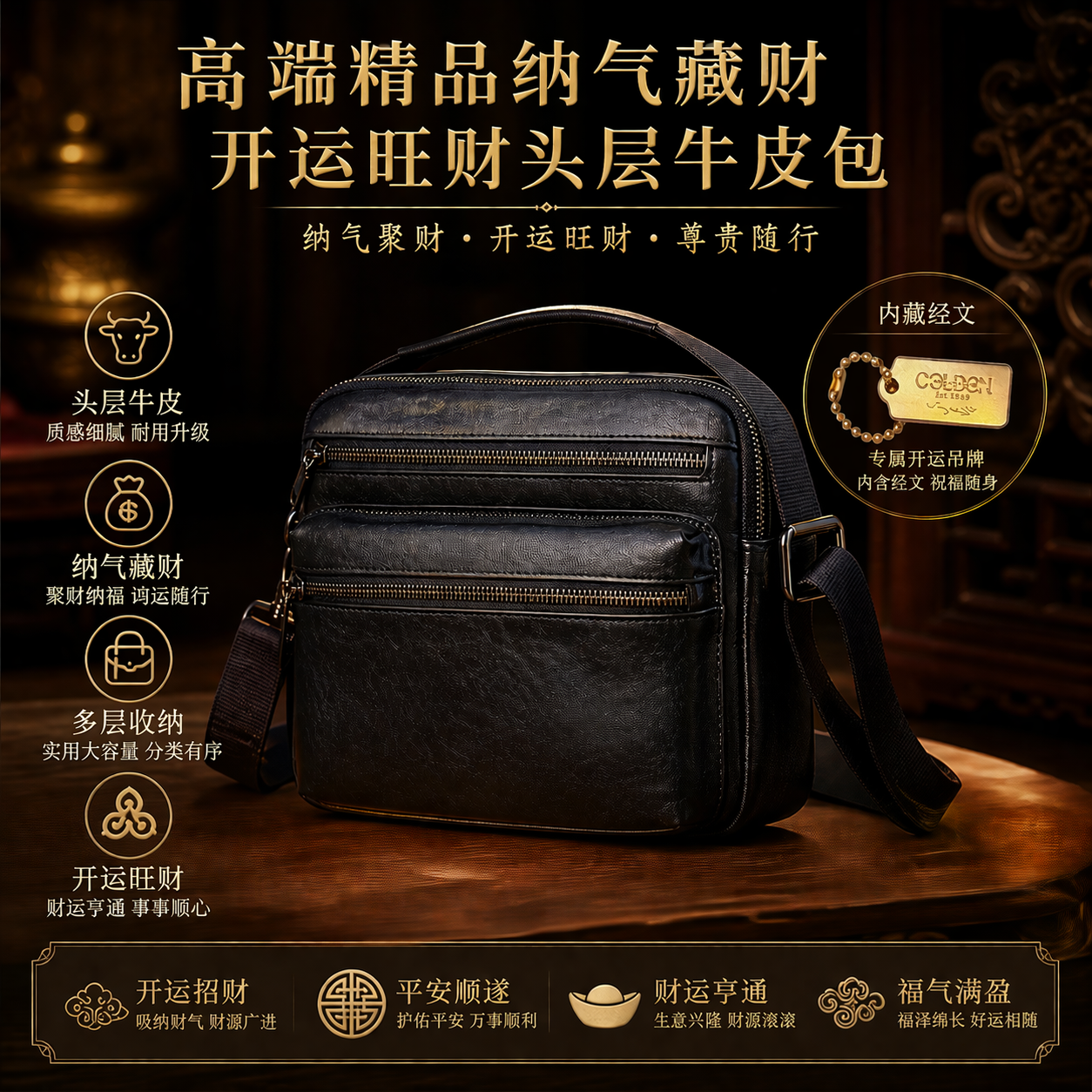 高端精品纳气藏财开运旺财头层牛皮包 Premium Energy-Infused Wealth-Accumulating Top-Grain Leather Bag