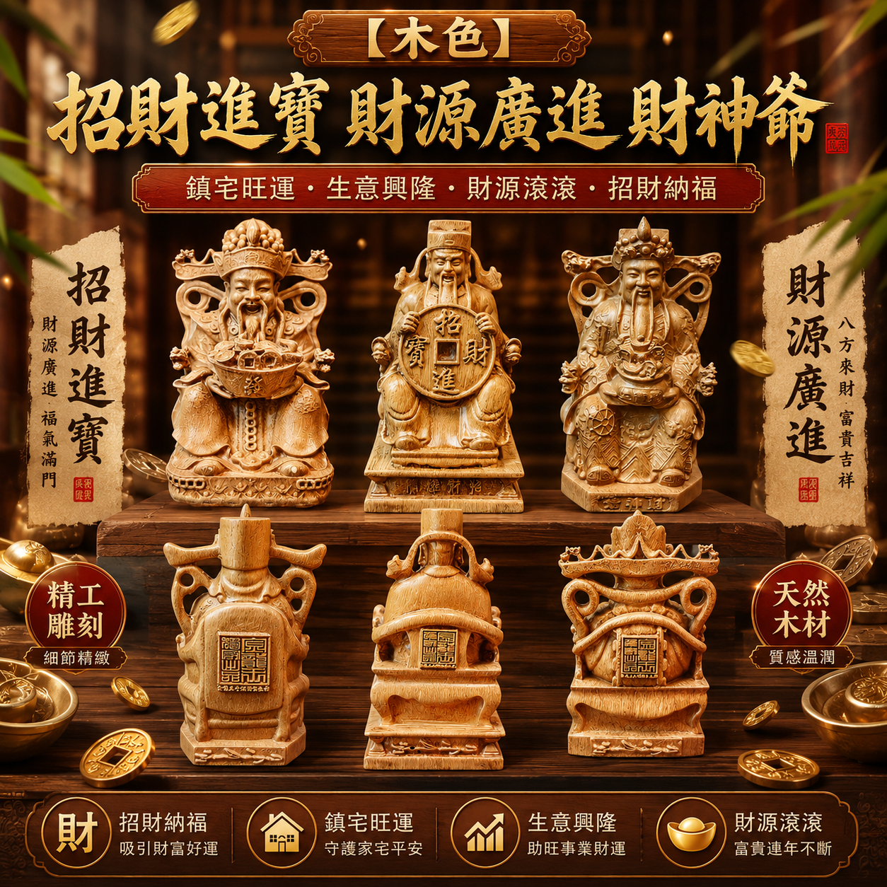 [木色] 招財進寶 財源廣進 財神爺｜ATTRACT WEALTH & TREASURE , ABUNDANT FLOW OF WEALTH GOD OF WEALTH (BROWN)