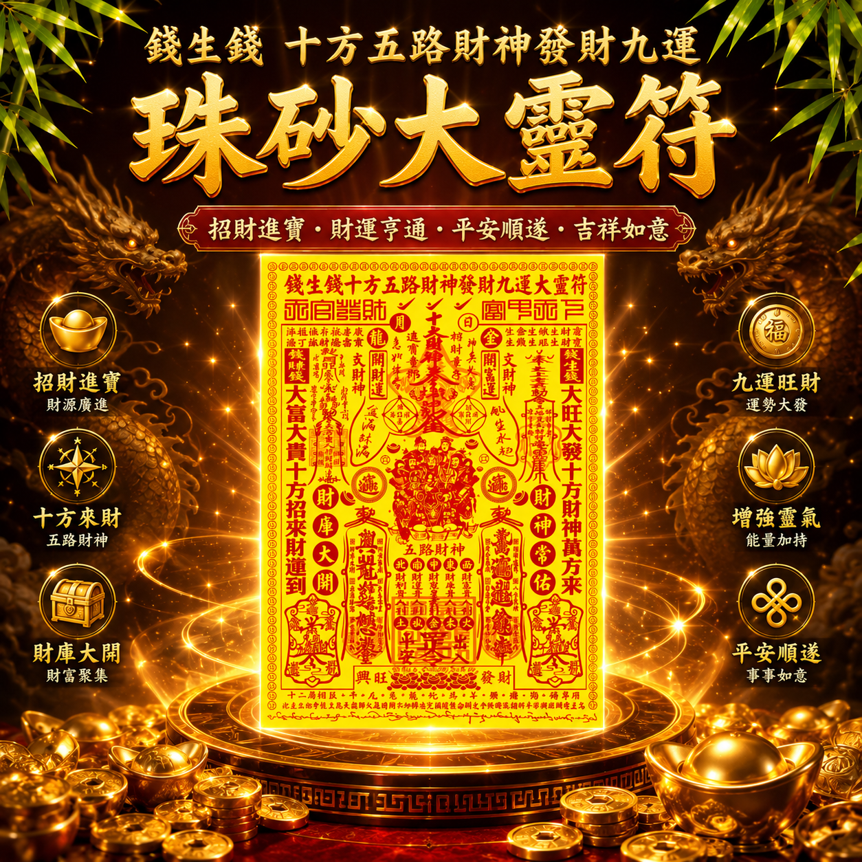 錢生錢十方五路財神發財九運 硃砂大靈符|Money Begets Money, Ten Directions and Five Roads to Wealth, God of Wealth Brings Fortune, Ninefold Fortune, Great Spiritual Cinnabar Talisman