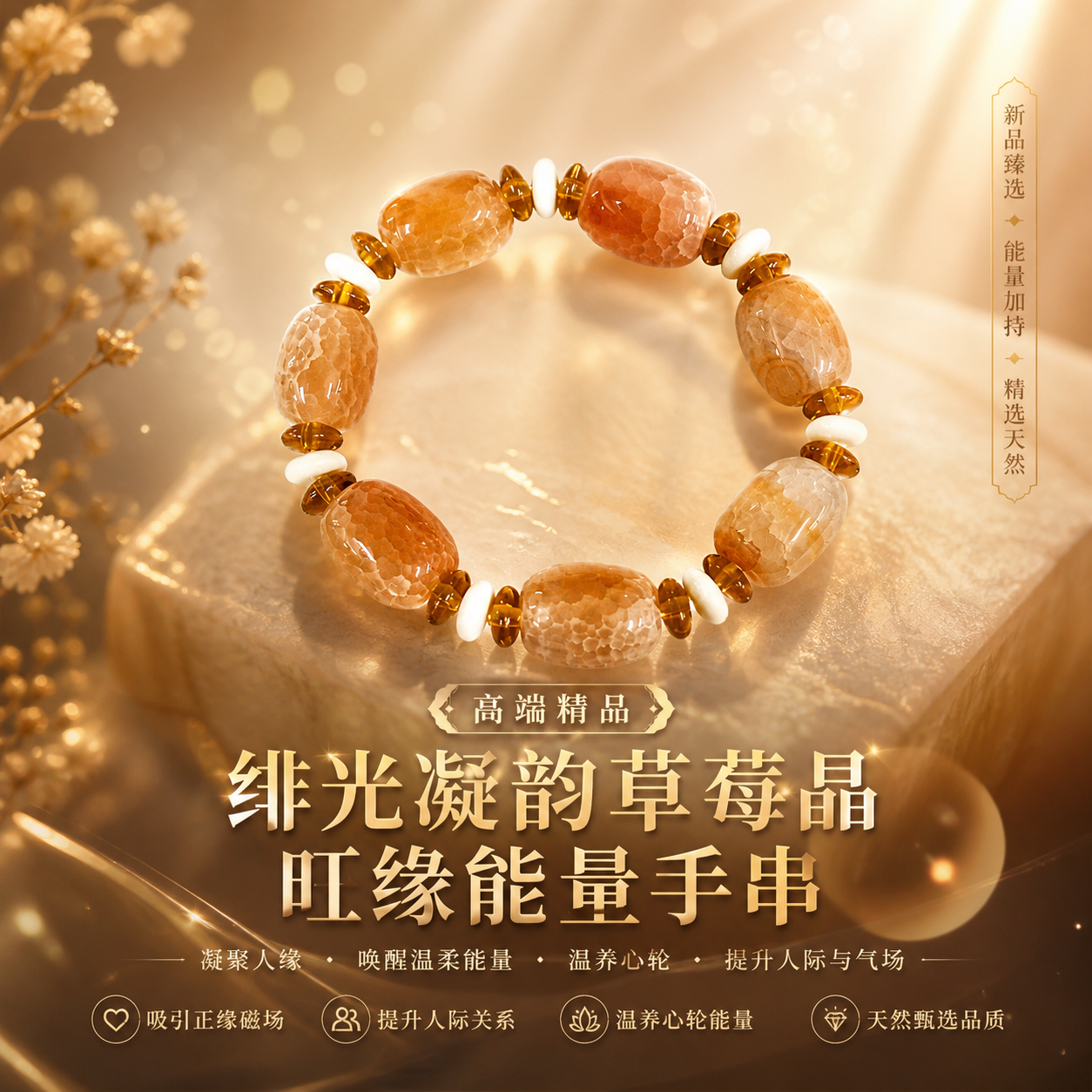 高端精品绯光凝韵草莓晶旺缘能量手串Premium Blush Radiance Strawberry Quartz Prosperity Bracelet