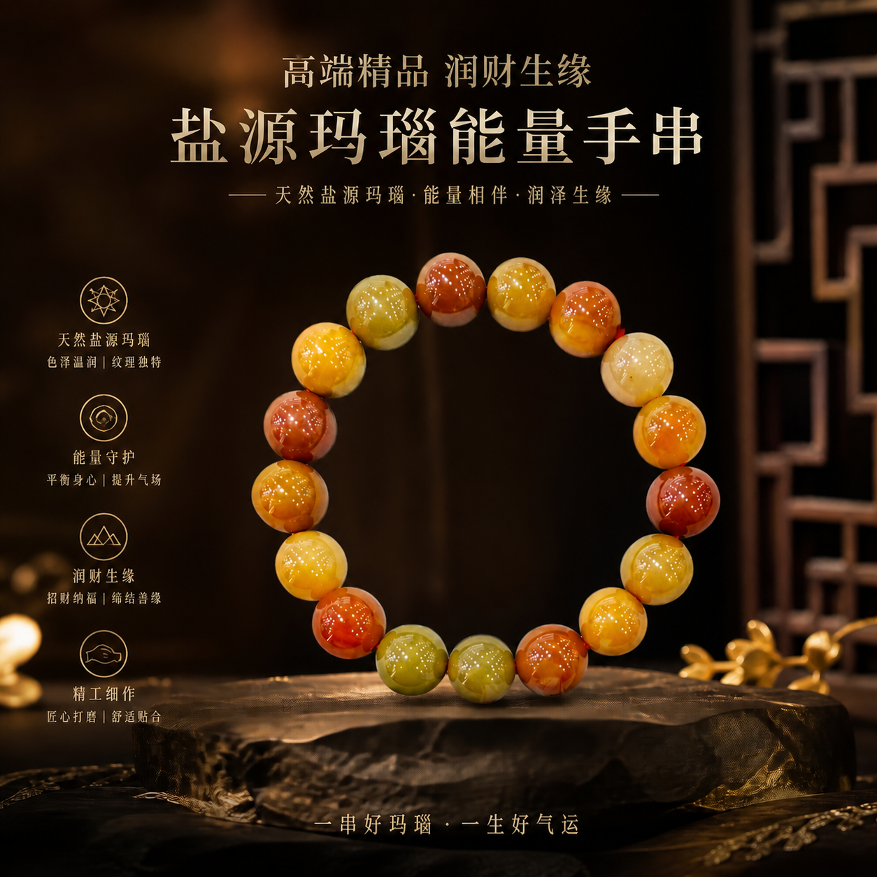 高端精品润财生缘盐源玛瑙能量手串  Premium Yanyuan Agate Wealth & Destiny Energy Bracelet