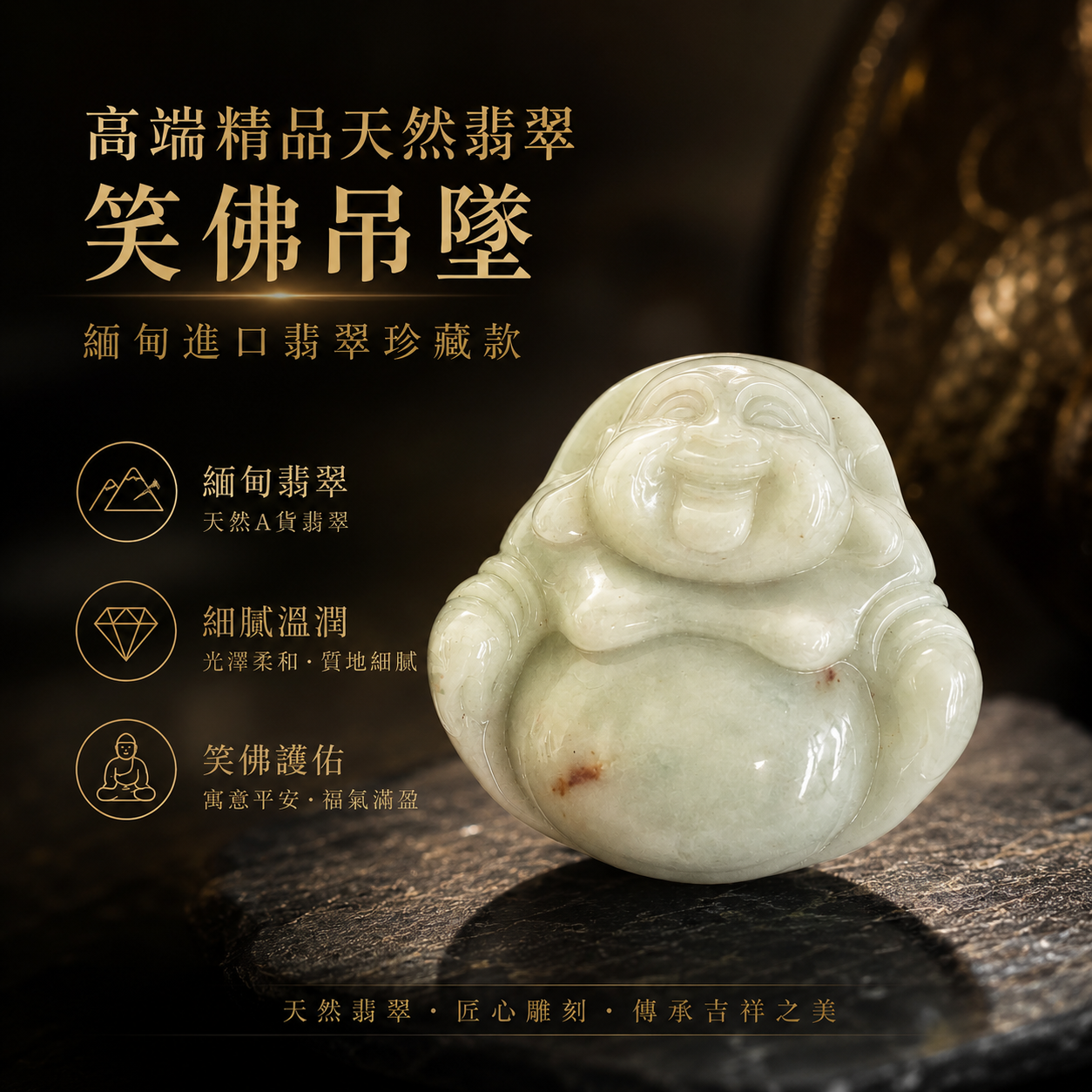 高端精品天然翡翠笑佛吊墜 緬甸進口翡翠珍藏款 Premium Natural Jadeite Laughing Buddha Pendant Exclusive Myanmar Jadeite Collection