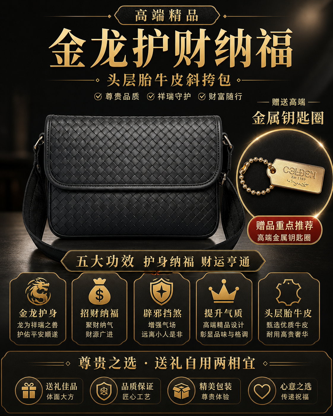 高端精品金龙护财纳福头层胎牛皮斜挎包 Premium Golden Dragon Wealth Guardian & Blessing Full-Grain Calfskin Crossbody Bag
