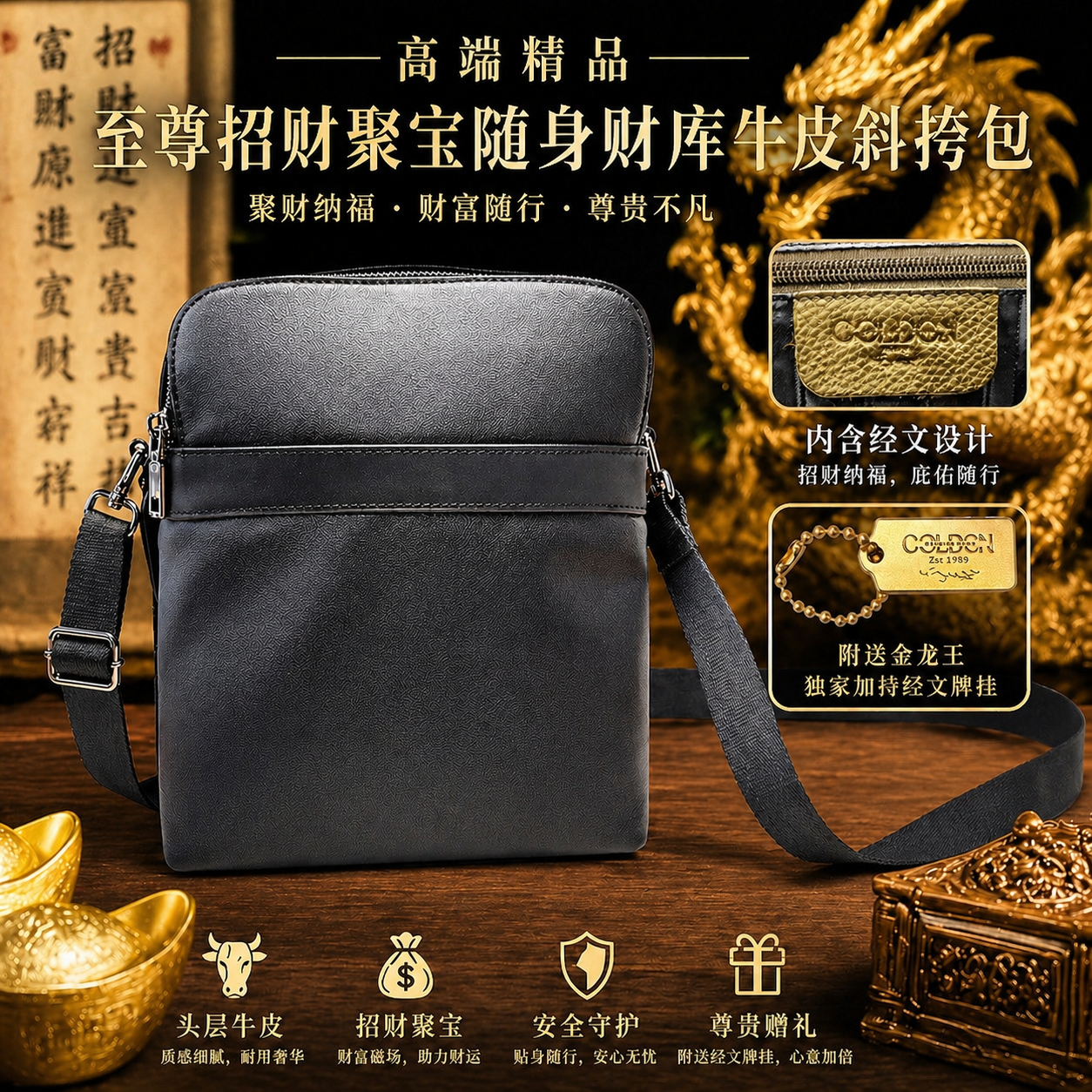 高端精品至尊招财聚宝随身财库牛皮斜挎包 Supreme Luxury Fortune-Attracting Leather Crossbody Wealth Bag