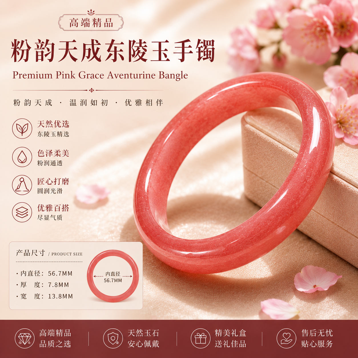 高端精品 粉韵天成东陵玉手镯 Premium Pink Grace Aventurine Bangle