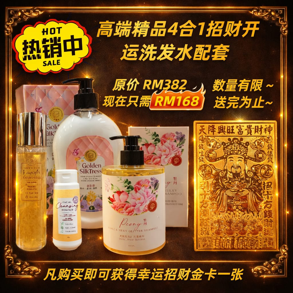 高端精品4合1招财开运牡丹洗发水配套 Premium 4-in-1 Wealth & Luck Peony Shampoo Set