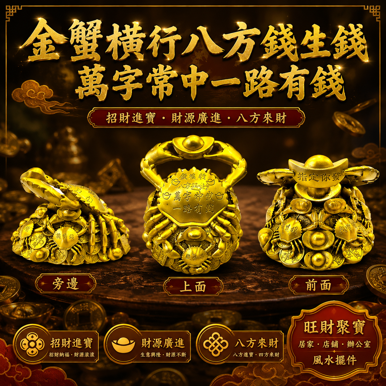 金蟹橫行八方錢生錢，萬字常中一路有錢 Golden Crab = Wealth Spreads in All Directions, Prosperity Finds You Alwavs