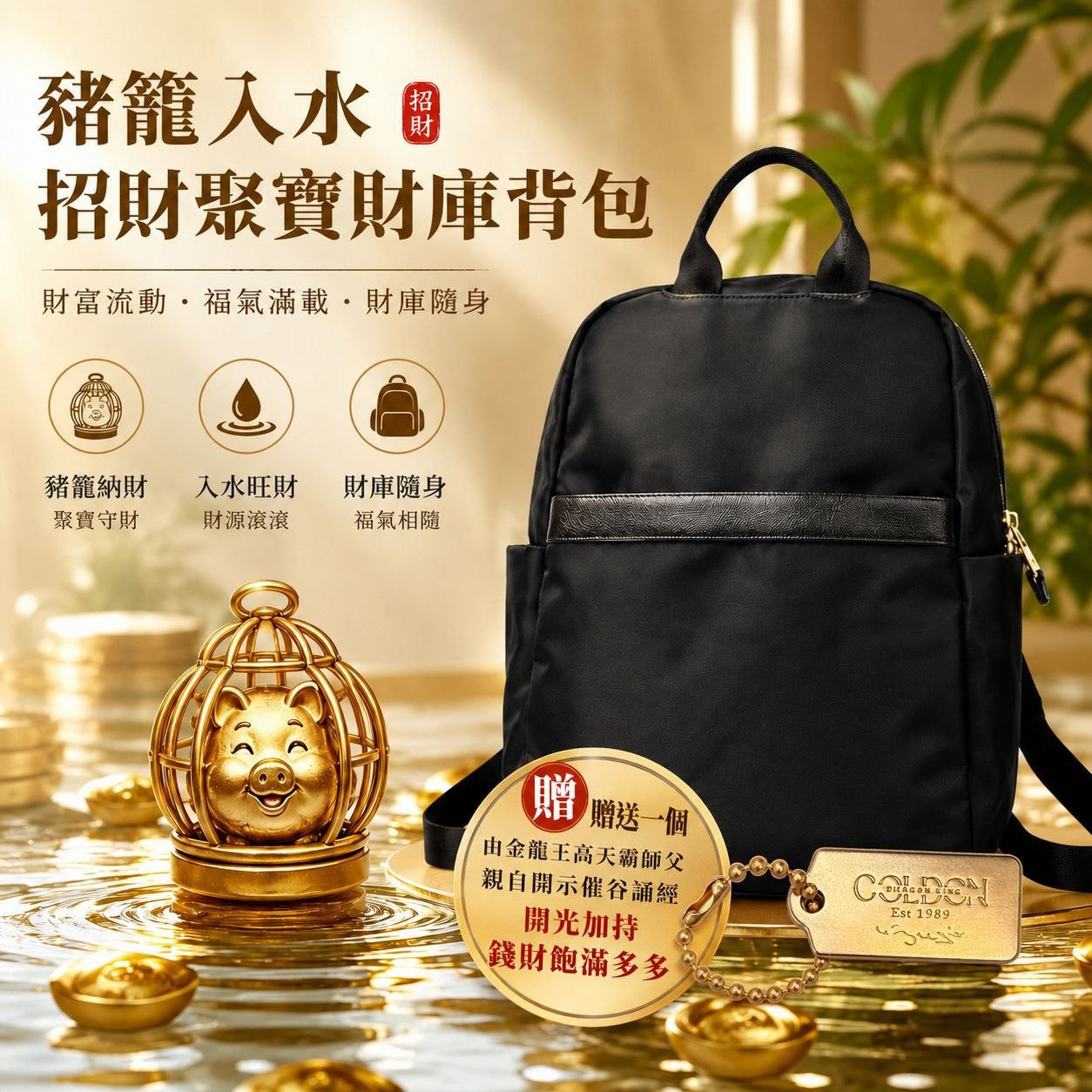 高端猪笼入水招财聚宝财库背包 (黑）Fortune Flowing Wealth Vault Backpack