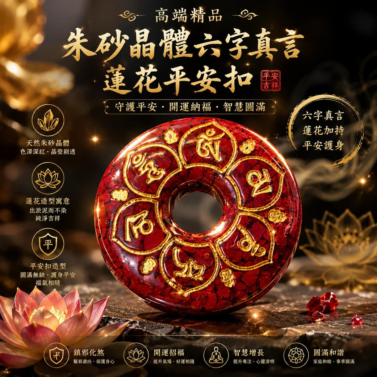 高端精品朱砂晶體六字真言蓮花平安扣 Premium Cinnabar Crystal Lotus Peace Buckle with Six-Character Mantra