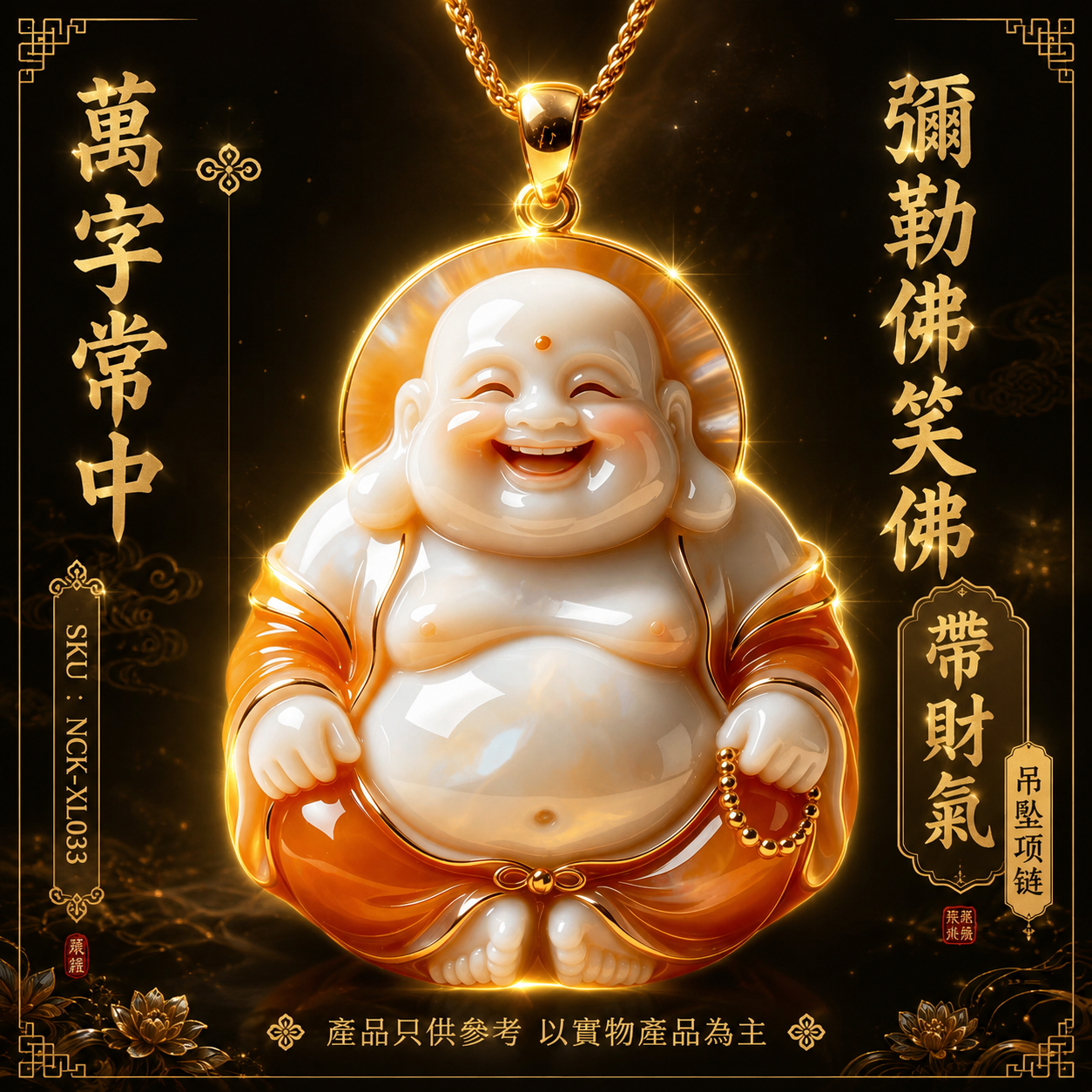 萬字常中弥勒佛笑佛帶財氣吊坠项链 Maitreya Laughing Buddha Prosperity Pendant Necklace
