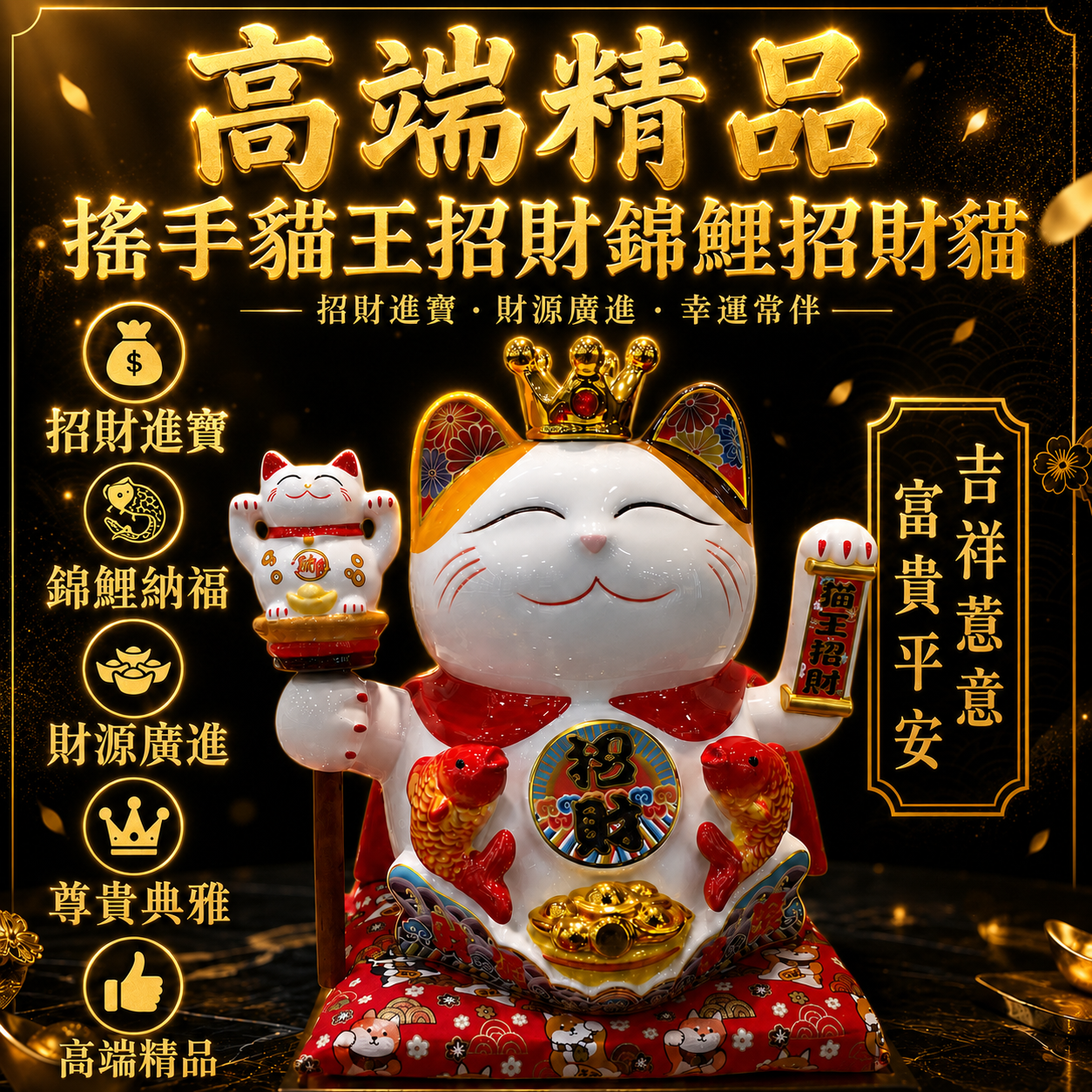 高端精品搖手貓王招財錦鯉招財貓 Premium Luxury King Maneki Neko Prosperity Koi Fortune Cat