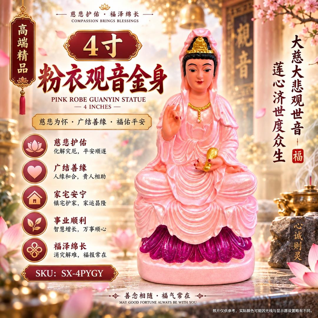 高端精品4寸粉衣觀音金身 pink robe guanyin statue 4 inches