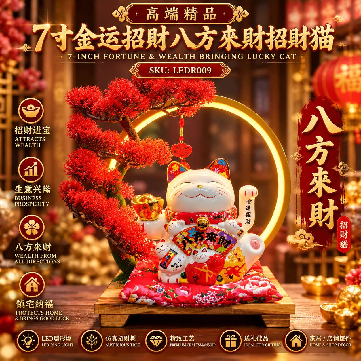 高端精品7寸金運招財八方來財招財貓 Luxury Golden Fortune Porsperity Maneki Neko