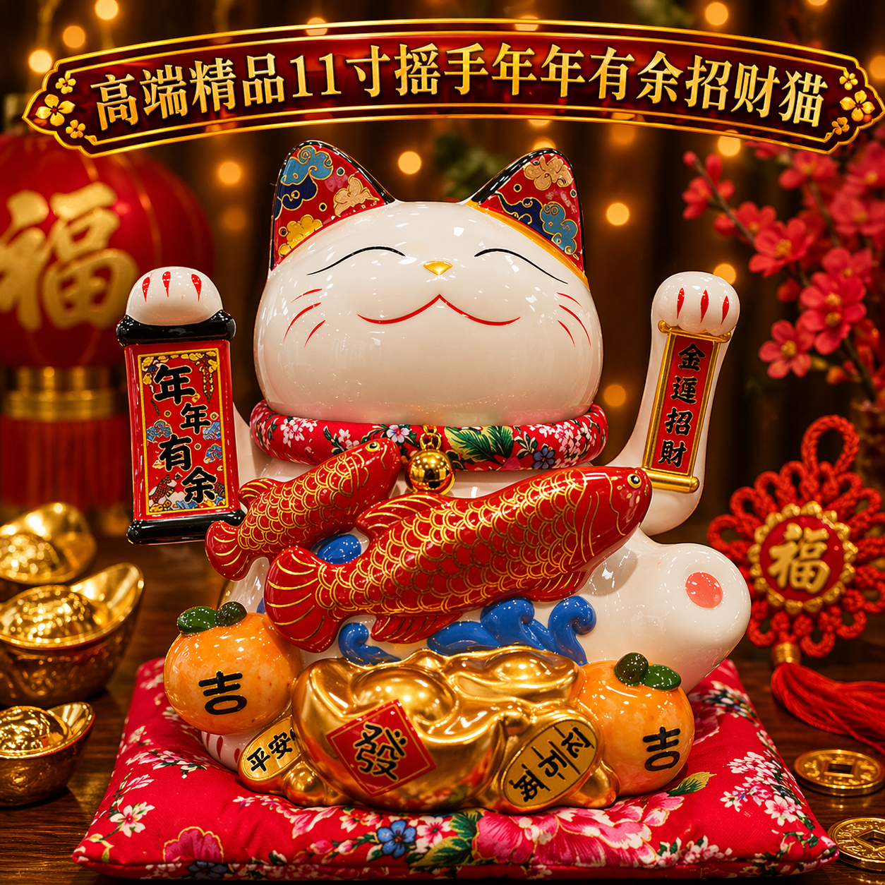 高端精品11寸搖手年年有餘招財貓