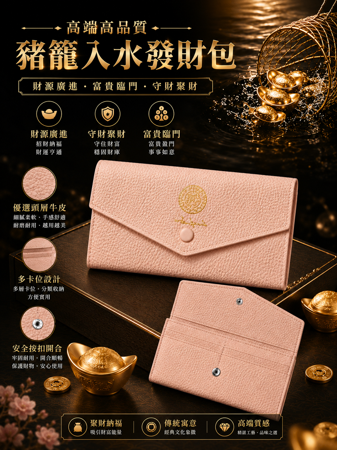 高端高品質豬籠入水發財包 Premium Prosperity Wallet – Wealth Flows In Like Water