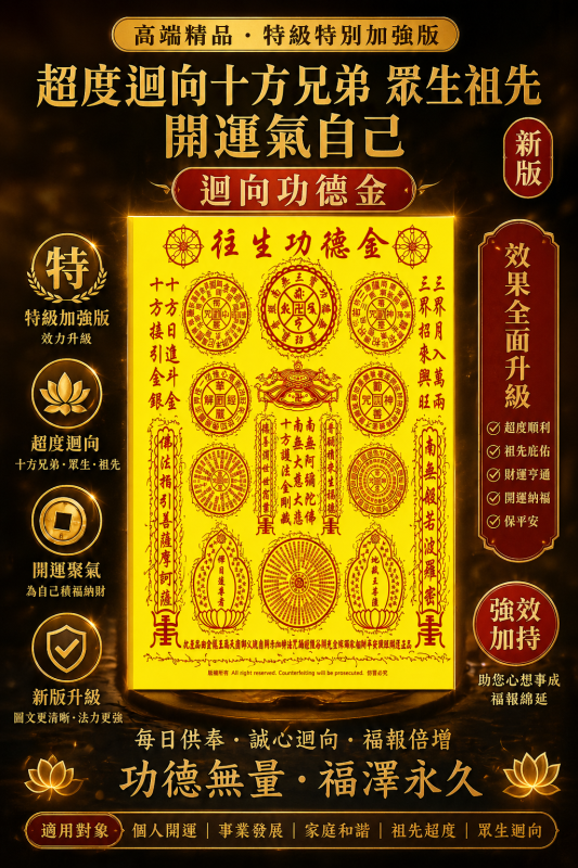 【特級加強版】超度迴向自己十方 好兄弟 眾生祖先開運氣迴向催谷加持雙料功德金 【新版】(EXTRA ORDINARY STRONG) DUAL-EMPOWERMENT PARINAMA JOSSPAPER ESSING FOR UNIVERSAL SOUL, ANCESTORS, OWNSELF & LUCK ENRICHMENT [NEW VERSION)