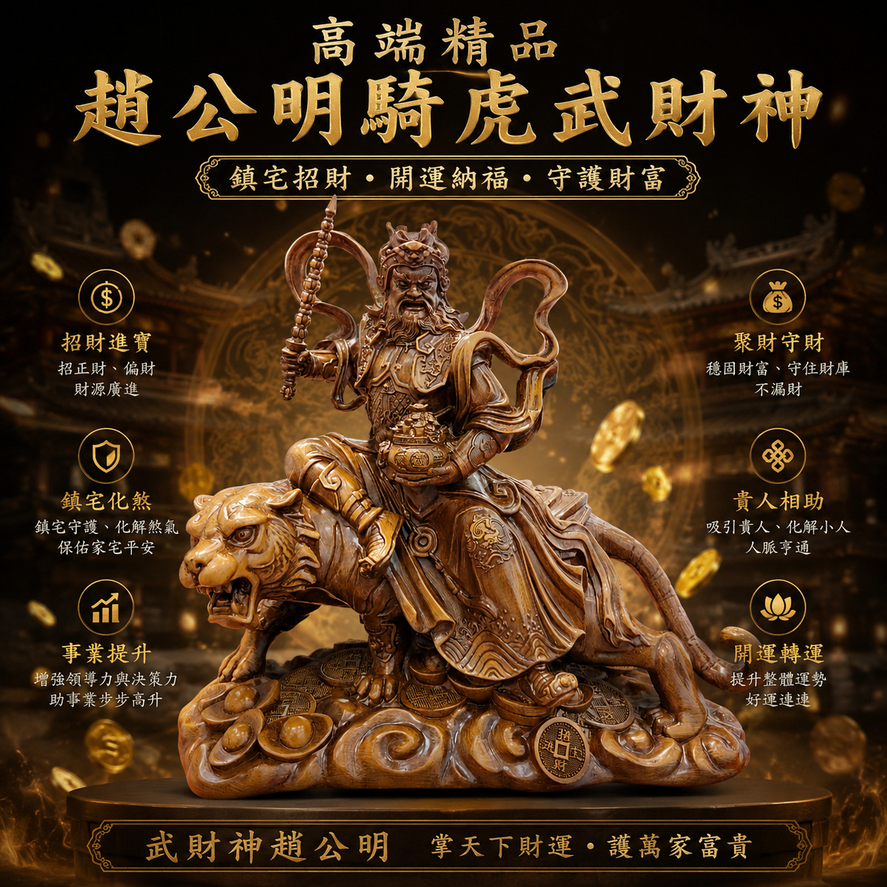 高端精品趙公明騎虎武財神 Luxury Zhao Gongming Tiger-Riding God of Wealth Statue