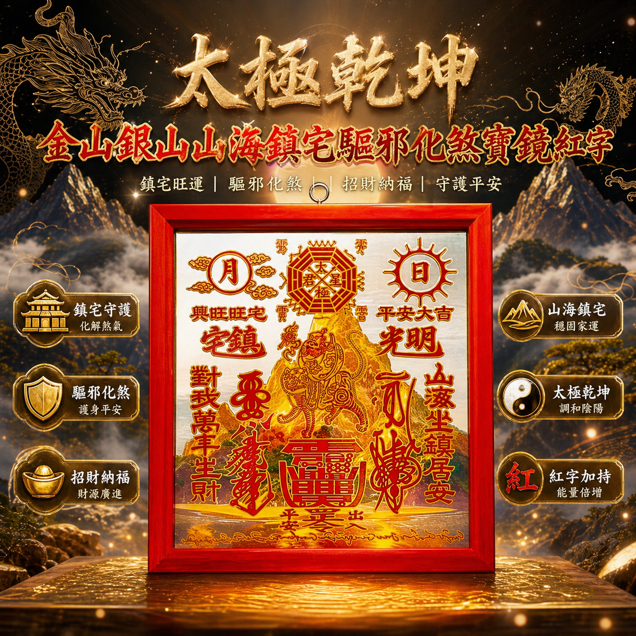 太極乾坤金山銀山山海鎮宅驅邪化煞寶鏡（紅字）Premium Taiji Qiankun Shanhai Feng Shui Mirror, Home Guardian Mirror for Protection, Evil Dispelling & Energy Purification