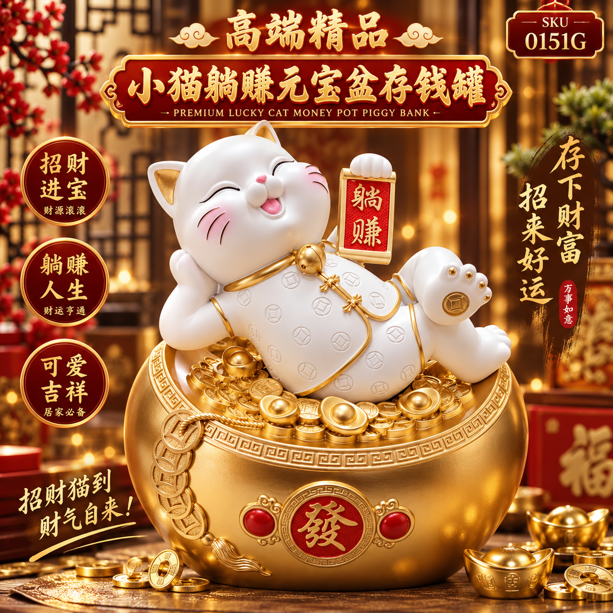 高端精品小猫躺赚元宝盆存钱罐 Luxury Lucky Cat Fortune Gold Ingot Money Pot Piggy Bank