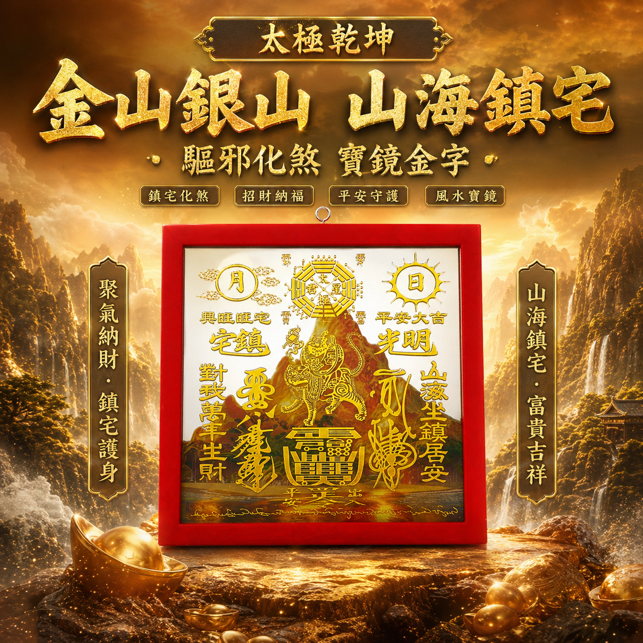 太極乾坤金山銀山山海鎮宅驅邪化煞寶鏡（金字）Premium Taiji Qiankun Shanhai Feng Shui Mirror, Home Guardian Mirror for Protection, Evil Dispelling & Energy Purification
