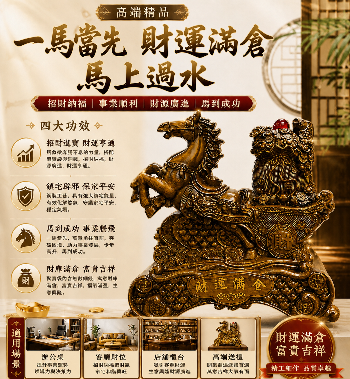 高端精品一馬當先財運滿倉馬上過水 Luxury Victory Pegasus Wealth Overflow Prosperity Statue
