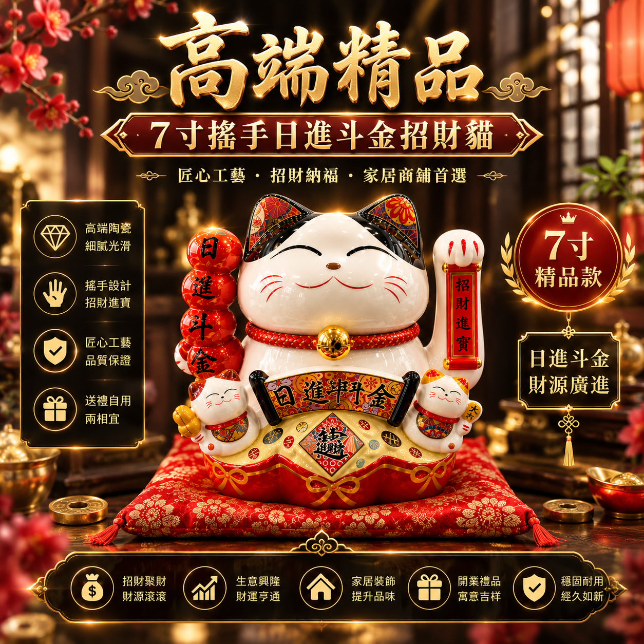 高端精品7寸搖手日進斗金招財貓 Premium Luxury 7-Inch Waving bring money Fortune Cat