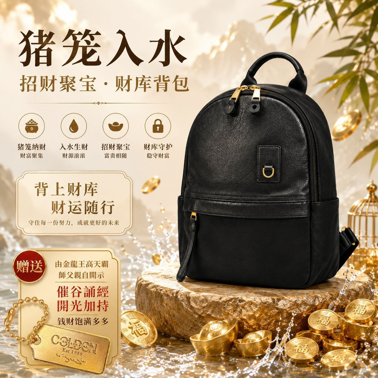 高端猪笼入水招财聚宝财库背包 (黑）Fortune Flowing Wealth Vault Backpack