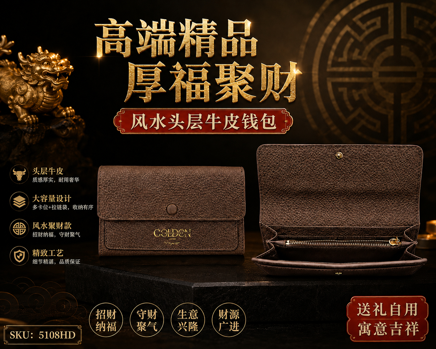 厚福聚財. 風水頭層牛皮錢包 |Abundant Fortune. Feng Shui Top-Grain Leather Wallet