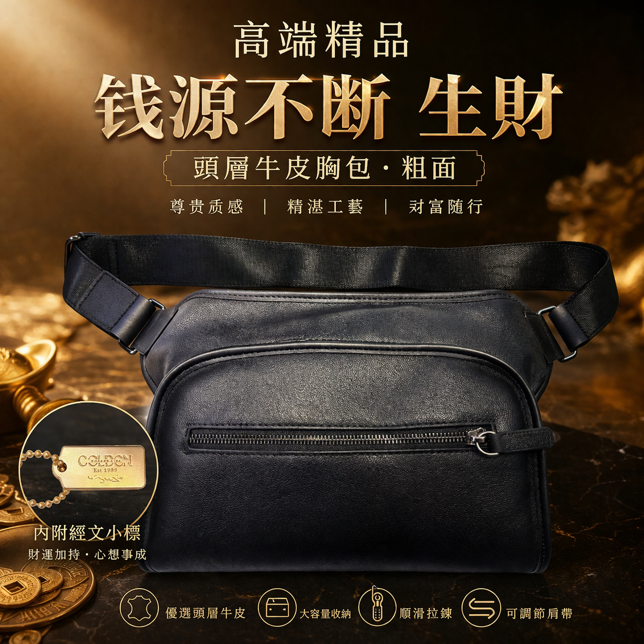 高端精品钱源不断生财頭層牛皮胸包 滑《滑面》Premium Continuous Wealth-Generating Top-Grain Leather Chest Bag