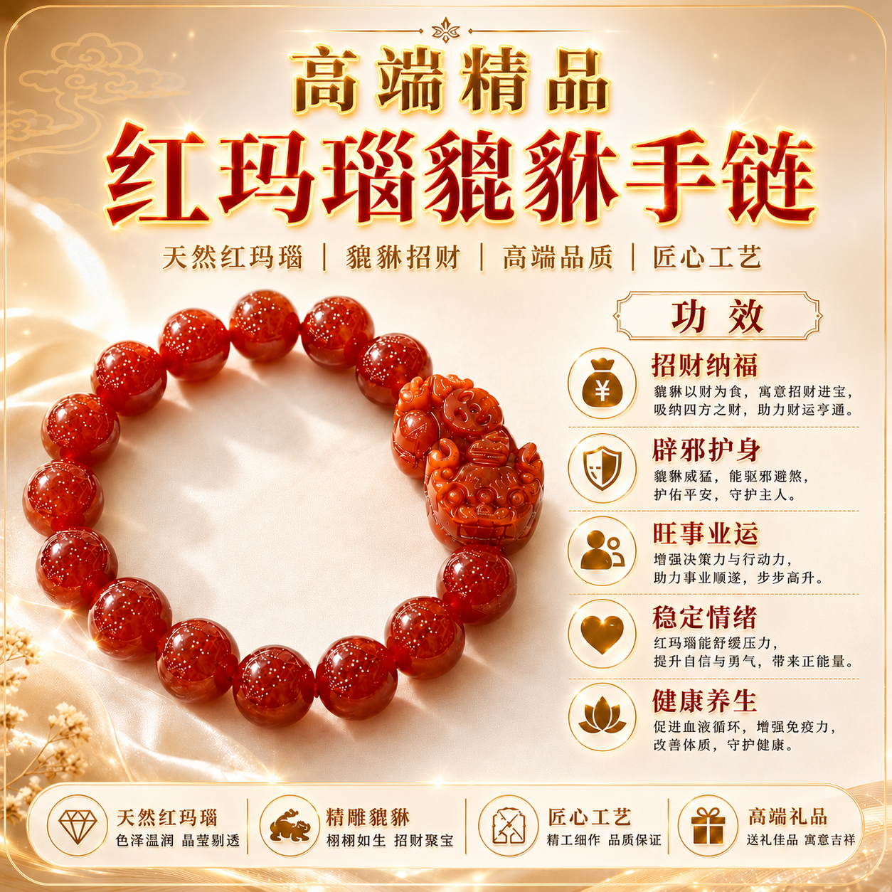 高端精品紅瑪瑙貔貅手鍊Premium Luxury Red Agate Pixiu Bracelet