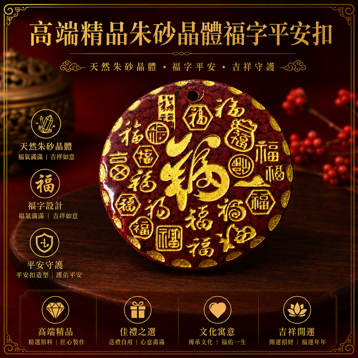 高端精品朱砂晶體福字平安扣 Luxury Premium Cinnabar Crystal Fu Peace Pendant