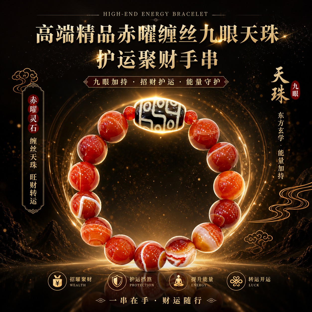 高端精品·赤曜缠丝九眼天珠护运聚财手串 Premium Crimson Silk-Agate Nine-Eyed Dzi Prosperity Bracelet